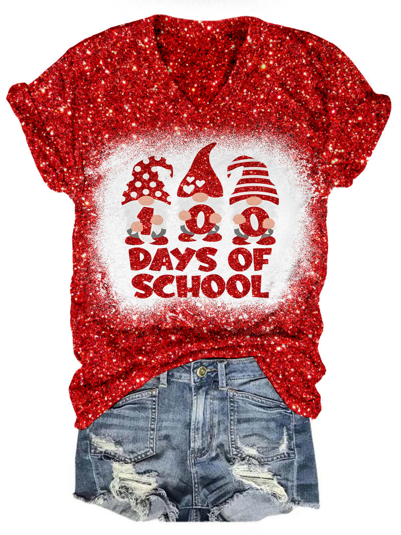 100 Days of School Glitter Printed V Neck T-Shirt