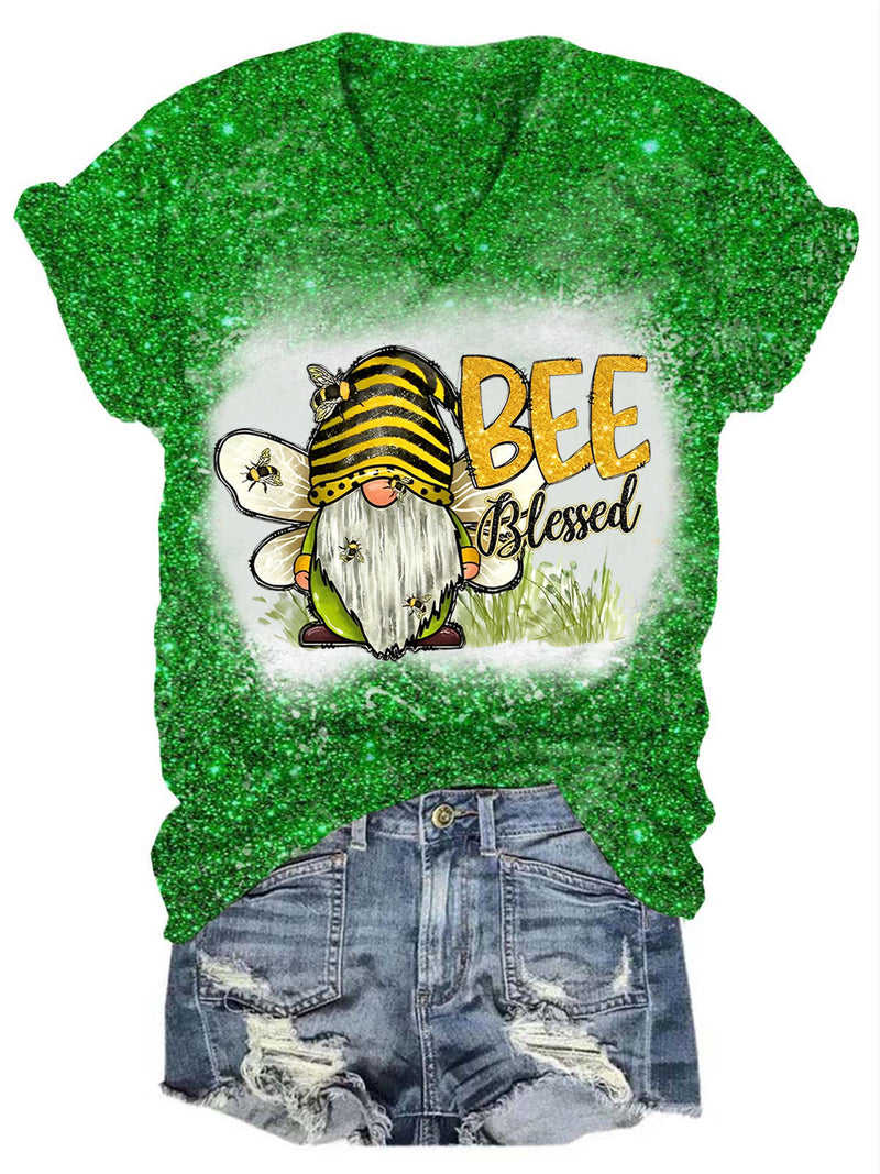 Women's Bee Gnome Print Glitter T-Shirt