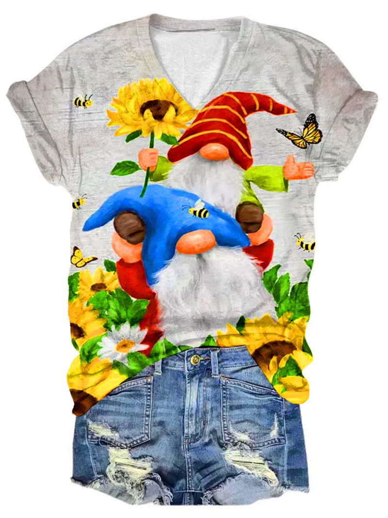 Sunflower Butterfly Gnomes Print V Neck T-shirt