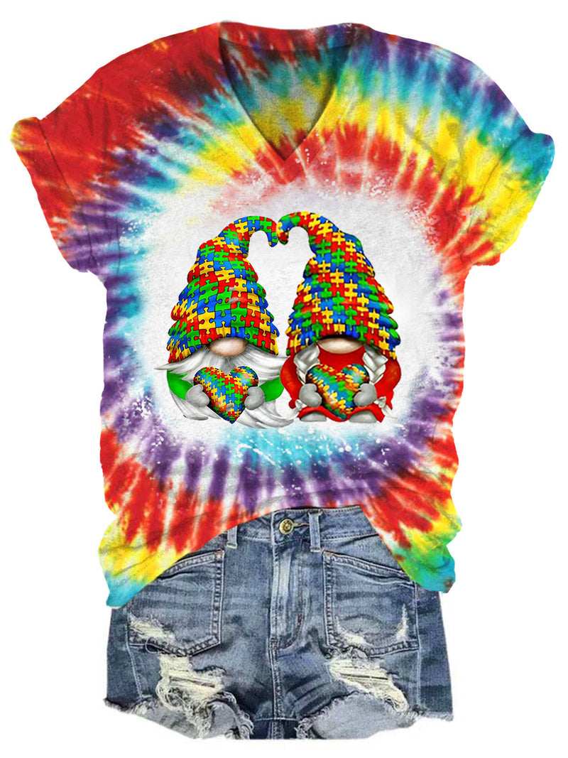 Women's Autistic Gnome Print Tie Dye T-Shirt