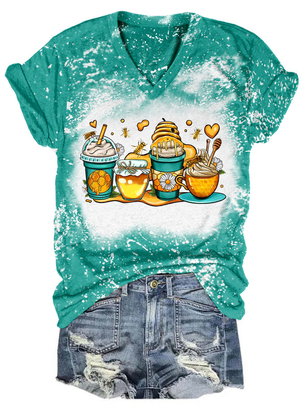 Honey Bee Coffee Cups Tie Dye V Neck T-shirt