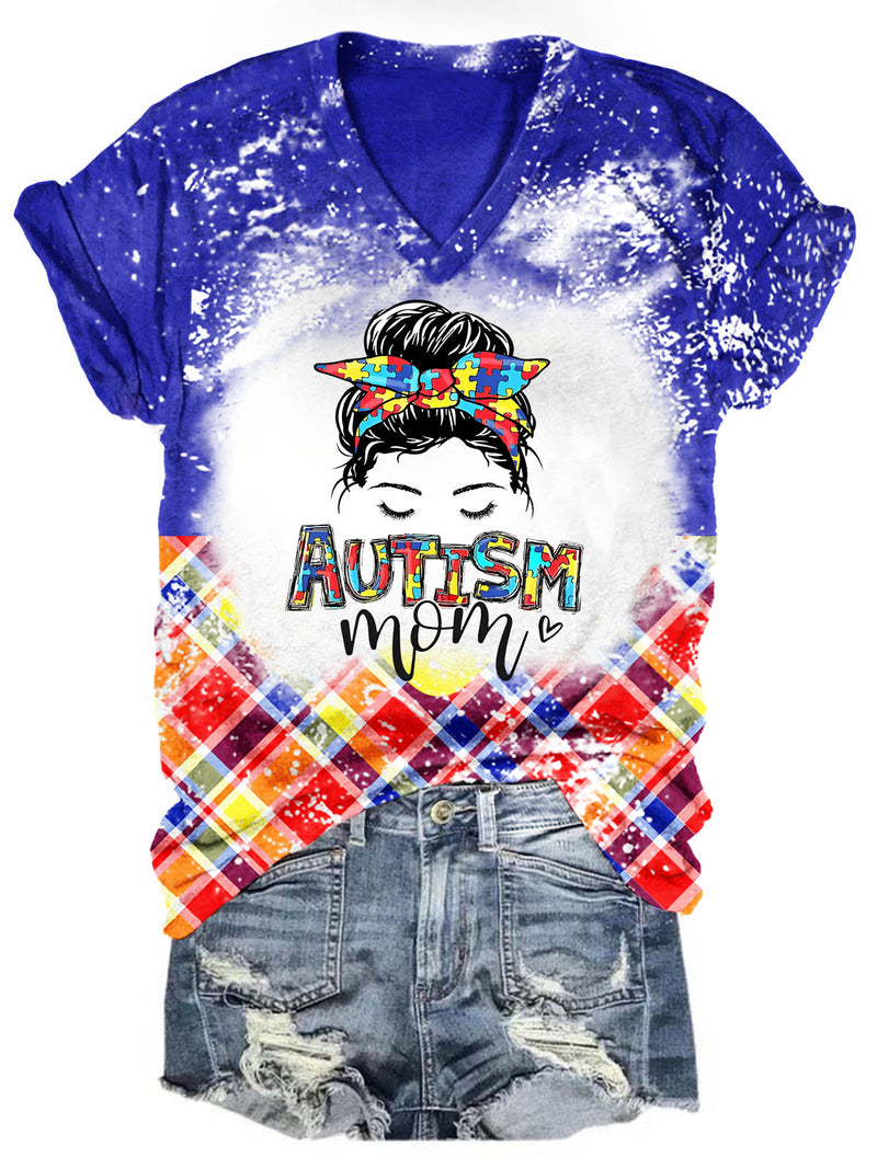 Autistic Mom Print V-Neck Top
