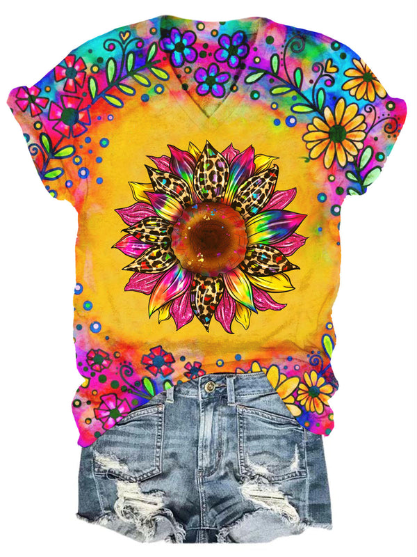 Sunflower Tie Dye Print V Neck T-shirt