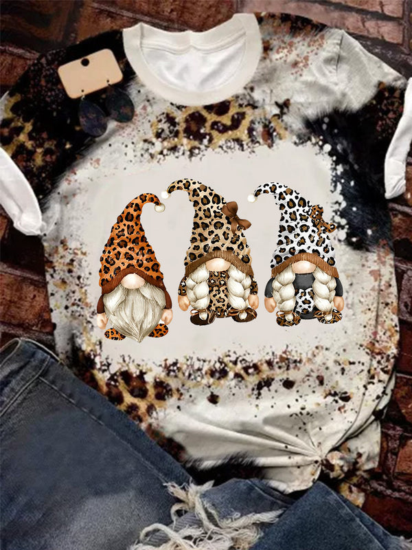 Women's Leopard Gnome Print Crew Neck T-Shirt