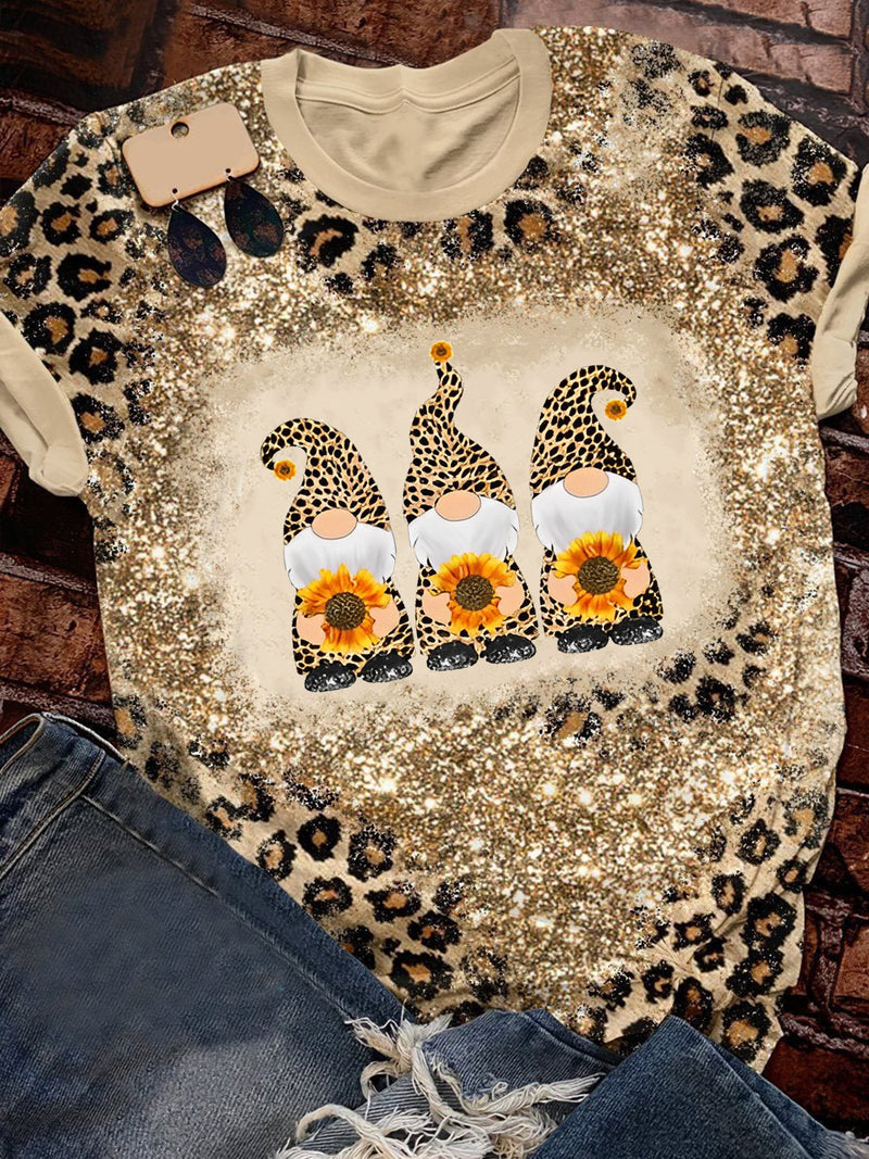 Women's Leopard Sunflower Gnome Print T-Shirt