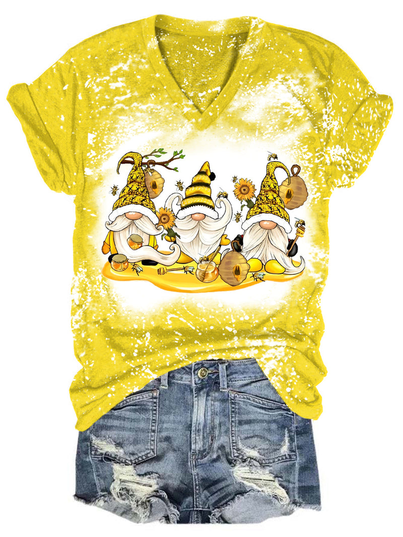 Sunflower Bee Gnome Bleaching V Neck T-shirt