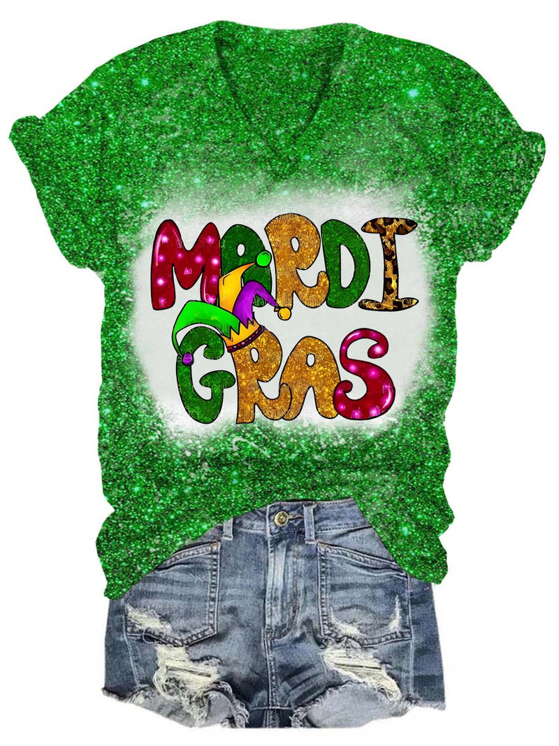 Women's Mardi Gras Glitter Casual Short Sleeve Printed T-Shirt