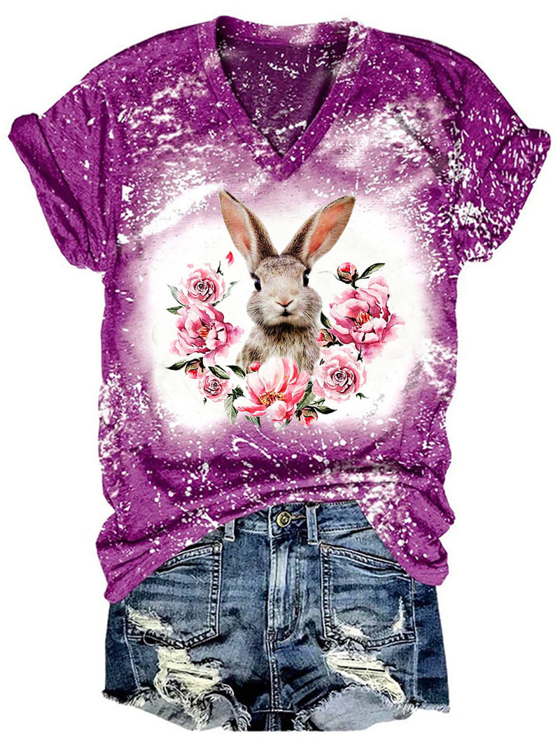 Women's Easter Floral Tie Dye Bunny Print Casual Top