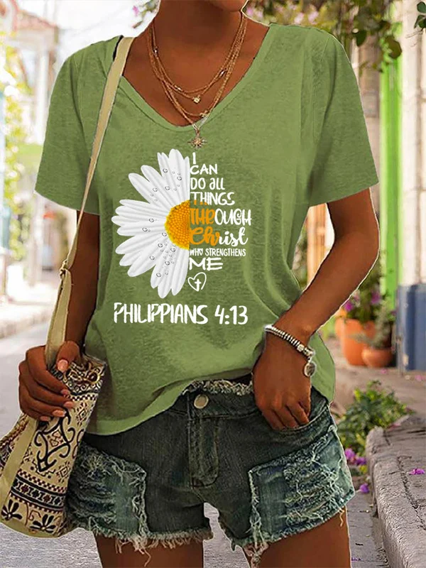 Women's I Can Do All Things Through Christ Sunflower Print V-Neck T-Shirt