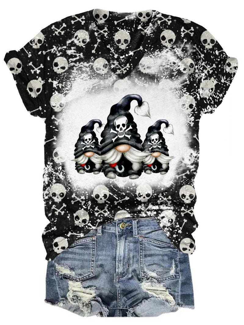 Women's V-Neck Pirate Skull Gnome Print Tie-Dye T-Shirt