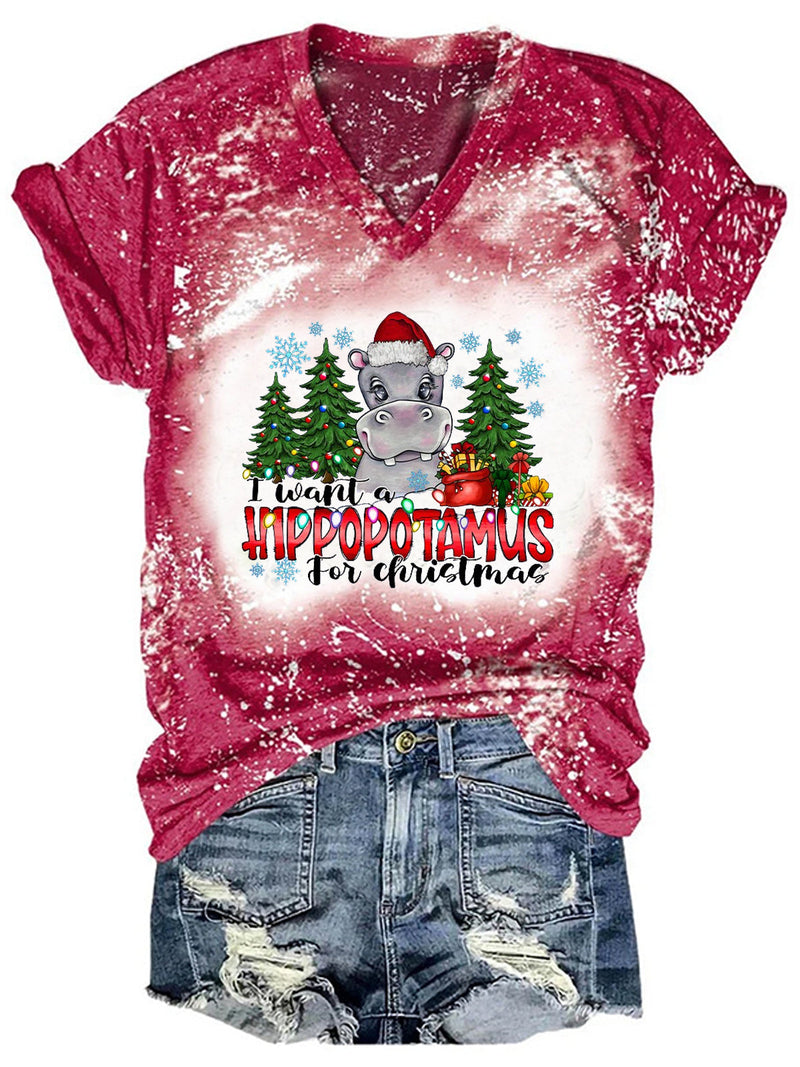 Women's I Want a Hippopotamus for Christmas Print Tie Dye T-shirt