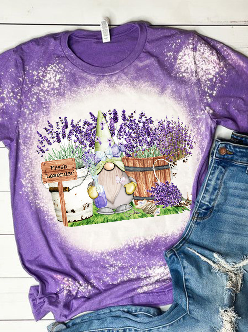 Women's Round Neck Lavender Gnome Print Tie Dye T-Shirt