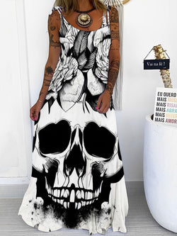 Skull Black and White Rose Print Spaghetti Maxi Dress