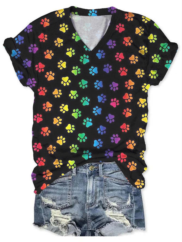 Dog Paw & Rainbow-Creative Print Ladies T-Shirt