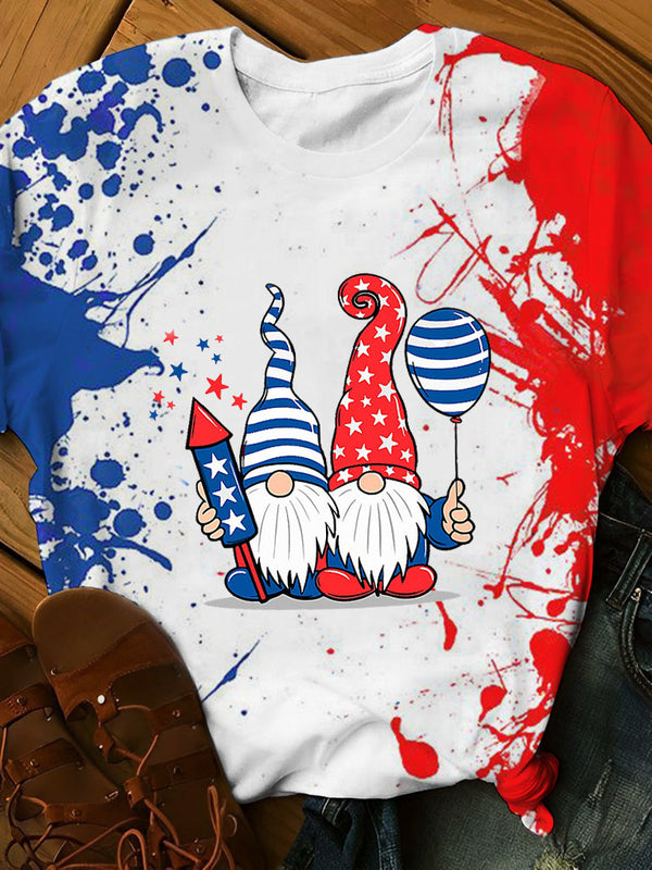 4th Of July Gnomes American Flag Print Crew Neck T-Shirt