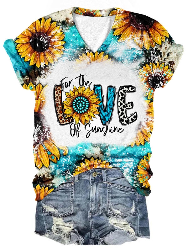 Women's V Neck Sunflower Print T-Shirt