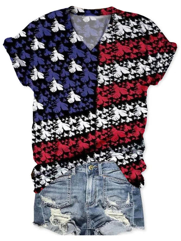 Bee & American Flag - Creative Print Ladies T-Shirt