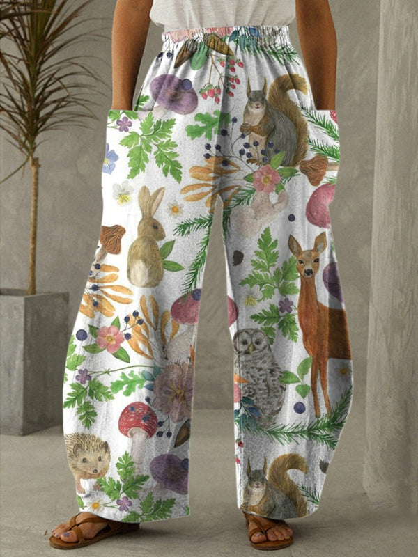 Spring Forest Animals Print Casual Pants