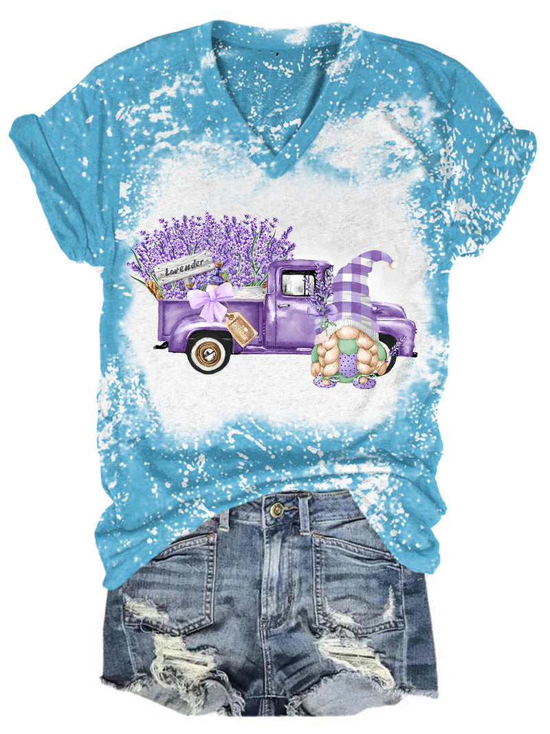 Lavender Truck Gnome Bleaching V Neck T-shirt