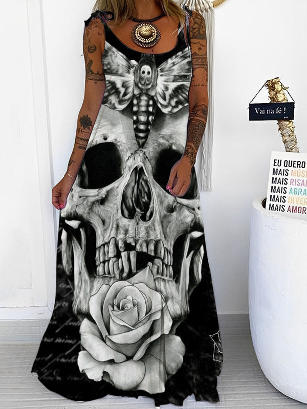 Floral Skull Print Punk Spaghetti Maxi Dress