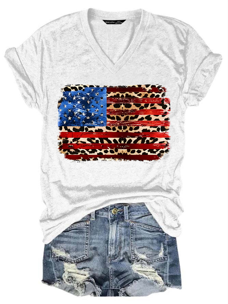 Leopard American Flag V Neck T-Shirt