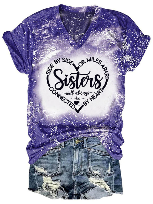 Women's Sisters Print V-Neck Tie-Dye T-Shirt