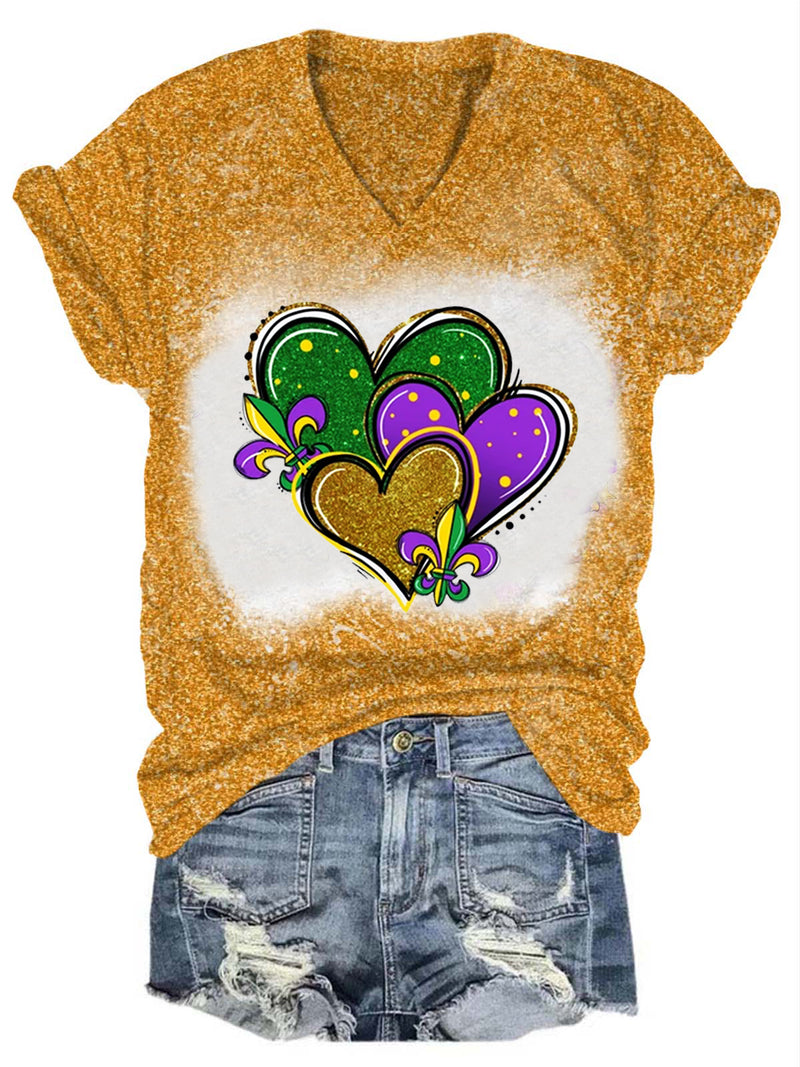 Women's Glitter Mardi Gras Heart Print  T-Shirt