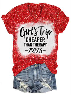 Girls Travel Cheaper Than Therapy 2023 Glitter Print T-Shirt