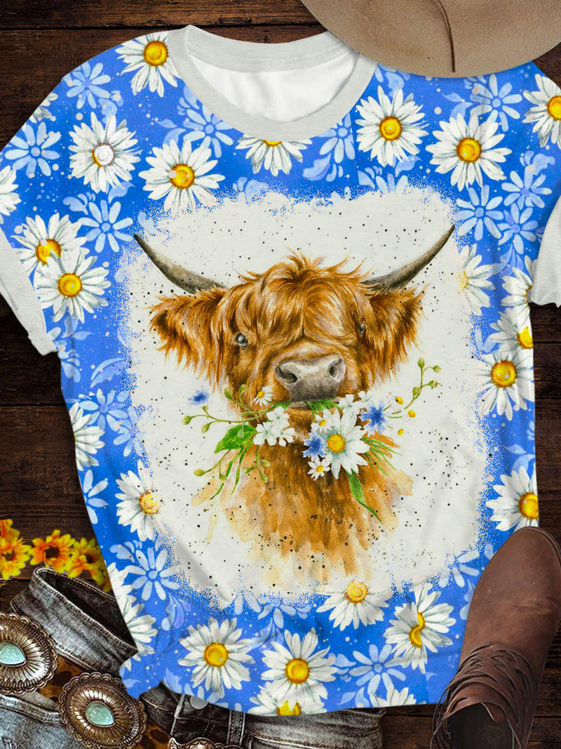 Daisy Floral Cow Print Round Neck T-shirt