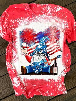 America Flag 4th Of July Gnomes Wine Print Crew Neck T-Shirt