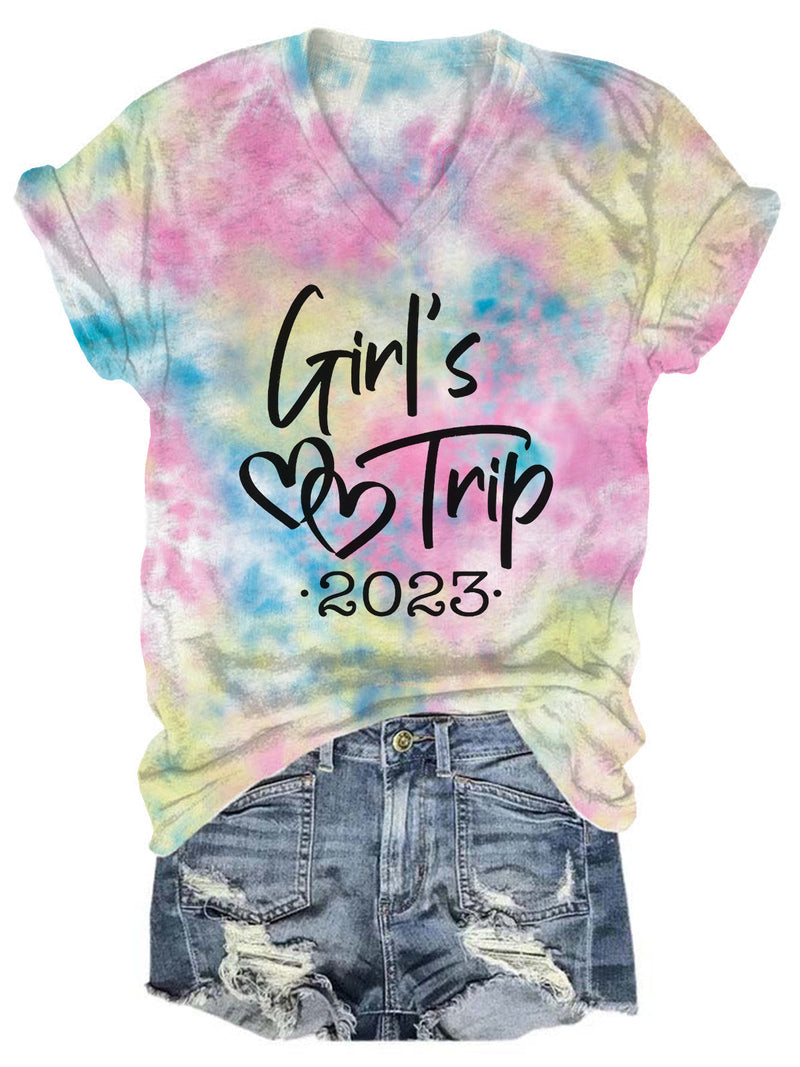Girl's Trip 2023 Print V-neck T-shirt