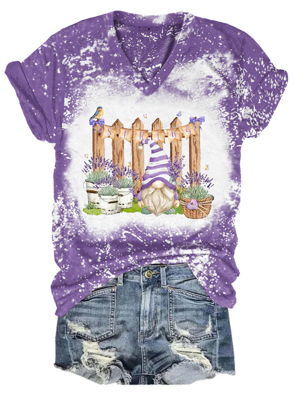 Women's Lavender Floral Gnome Print Tie Dye T-Shirt