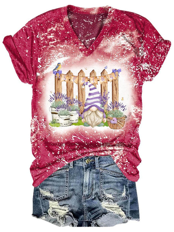 Women's Lavender Floral Gnome Print Tie Dye T-Shirt
