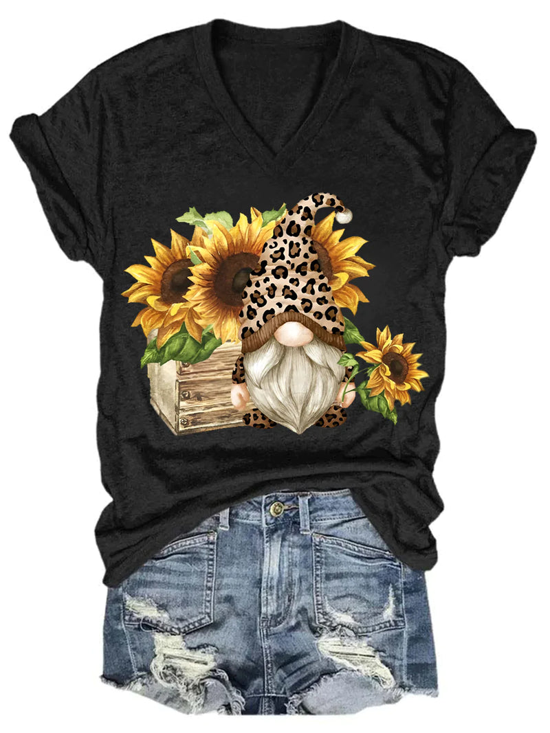 Sunflowers Leopard Gnome V Neck T-Shirt