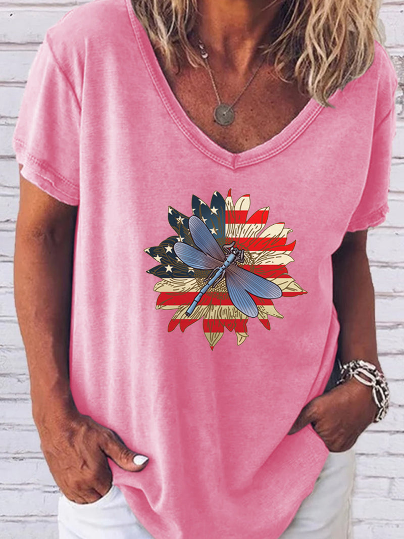 Women's Independence Day Dragonfly Sunflower V-Neck Shirt