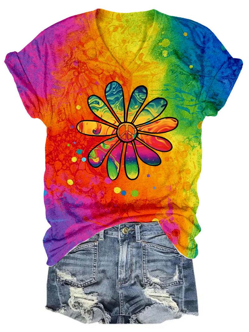 Daisy Peace Colored V Neck T-Shirt