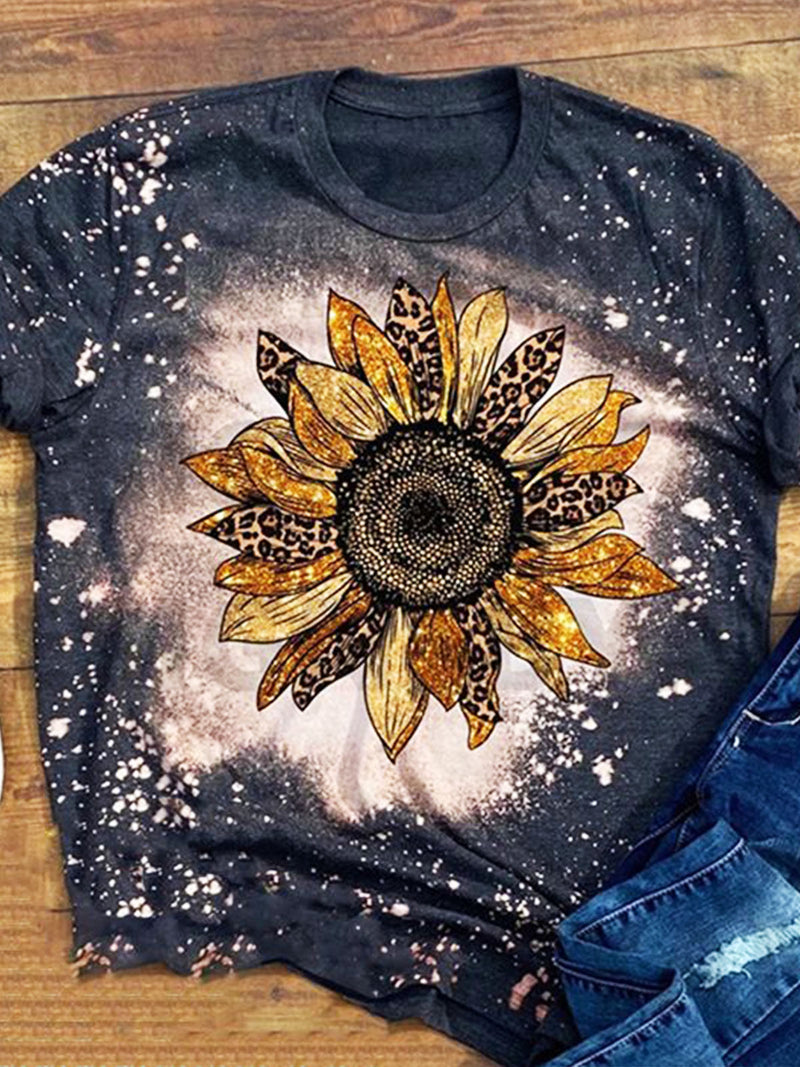 Women's Sunflower Floral Tie-Dye Print Casual Top