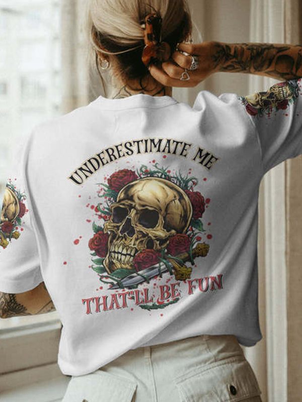 Rose & Skull & Personalized Slogan Creative Print Round Neck T-shirt