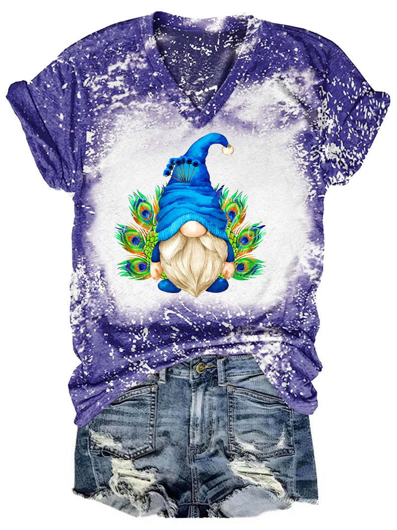Peacock Gnome Tie Dye V Neck T-shirt