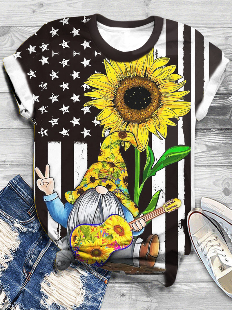 Women's American Flag Gnome Sunflower Print Top