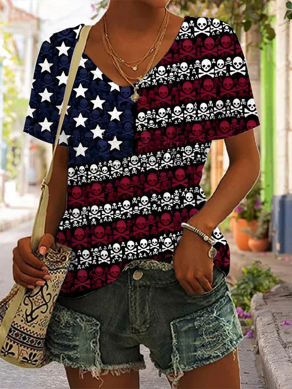 American Flag Skull Print V-Neck Top