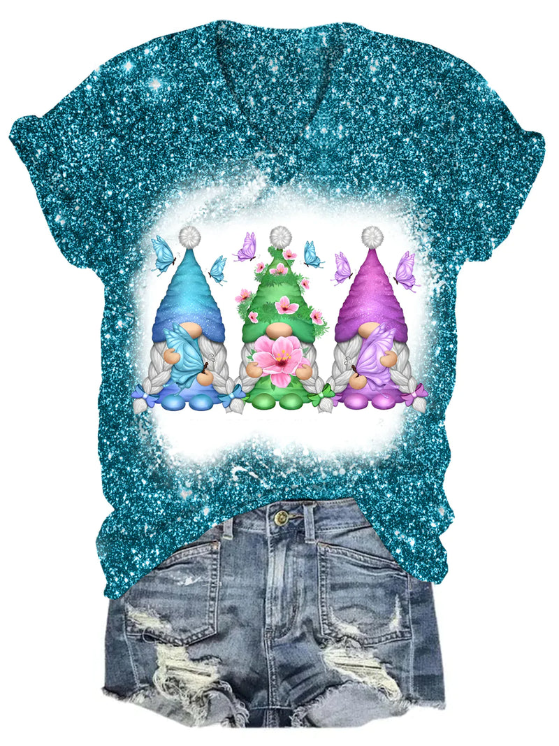 Hello Spring Gnomes Glitter V Neck T-shirt