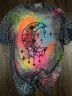 Women's Moon and Star Print Tie-Dye T-Shirt