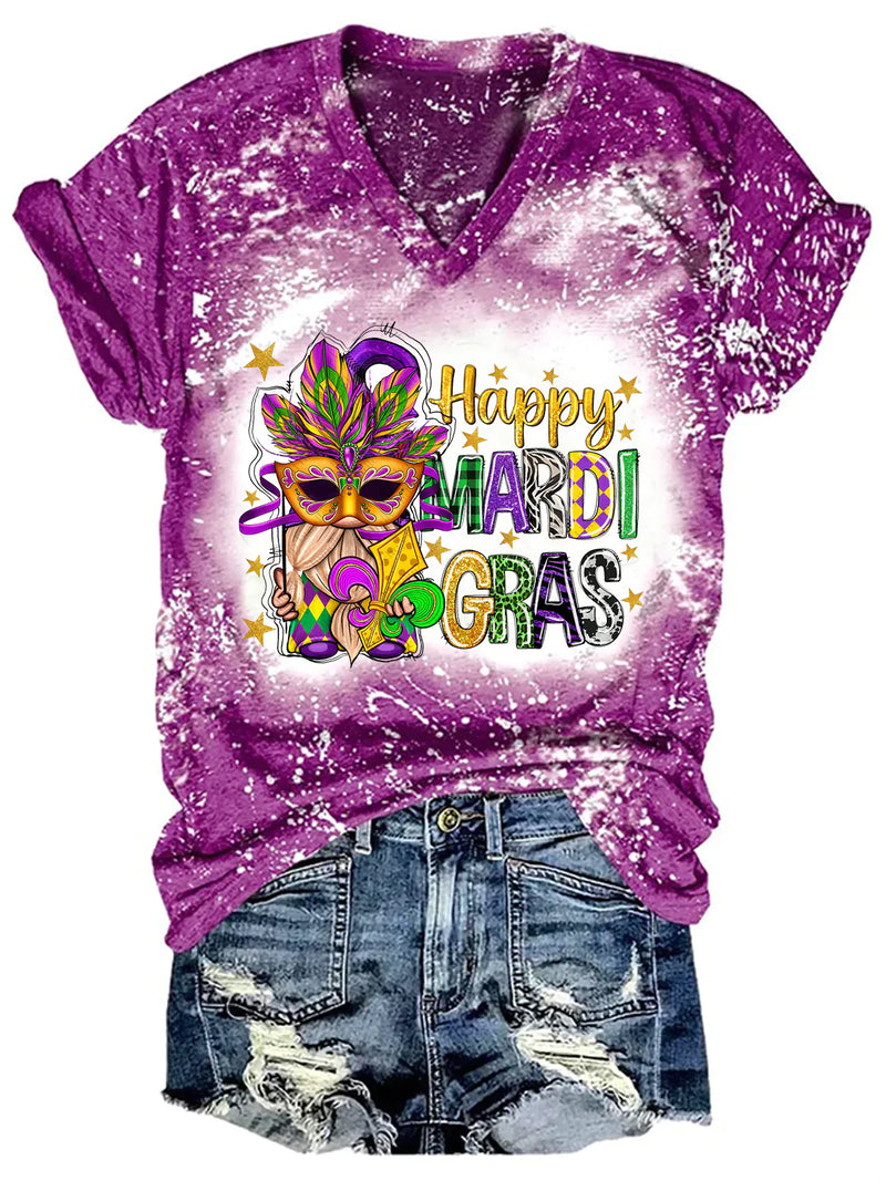 Women's Happy  Mardi Gras Gnome Print Tie Dye Top