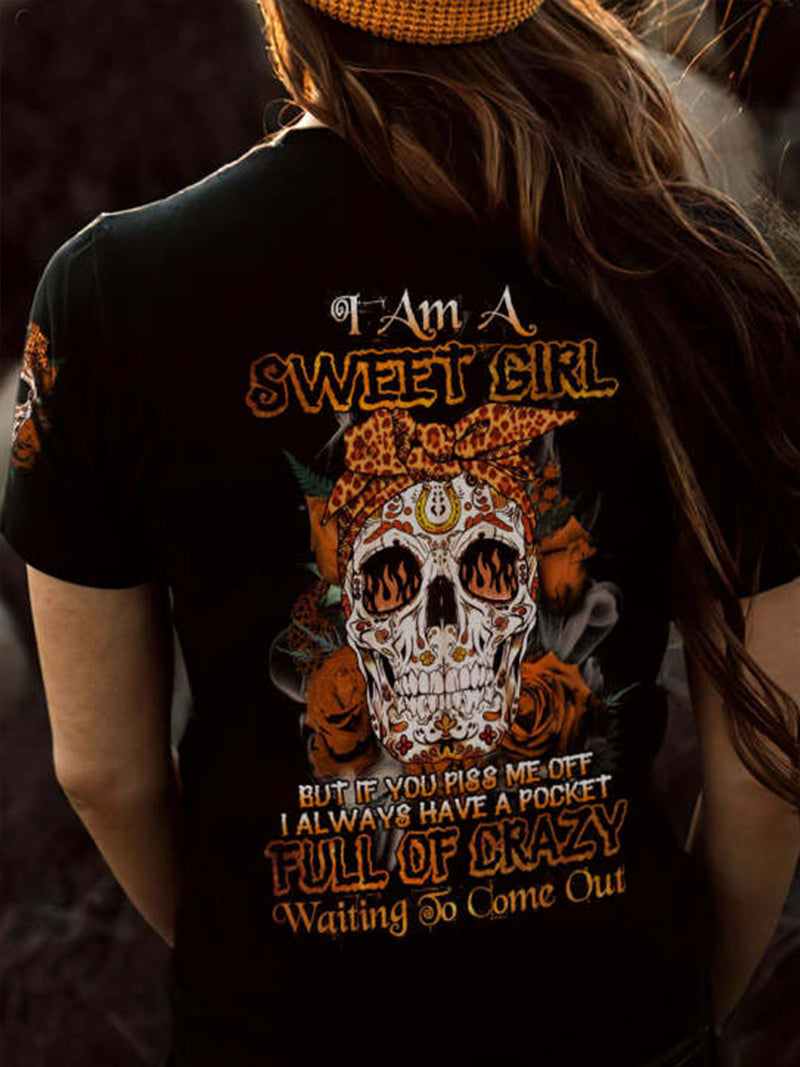 Rose & skull & personalized slogan creative print V-neck T-shirt
