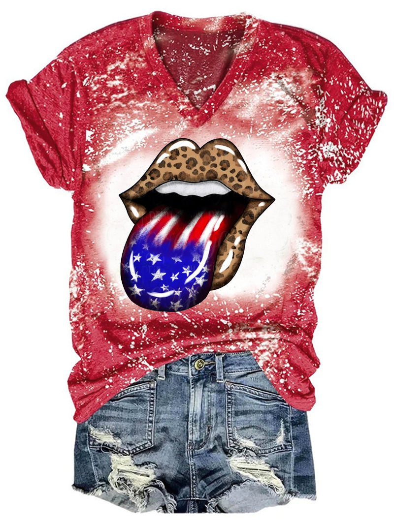 American Flag Lip Bleaching V Neck T-shirt
