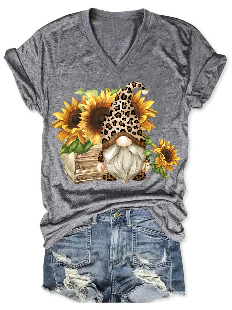 Sunflowers Leopard Gnome V Neck T-Shirt