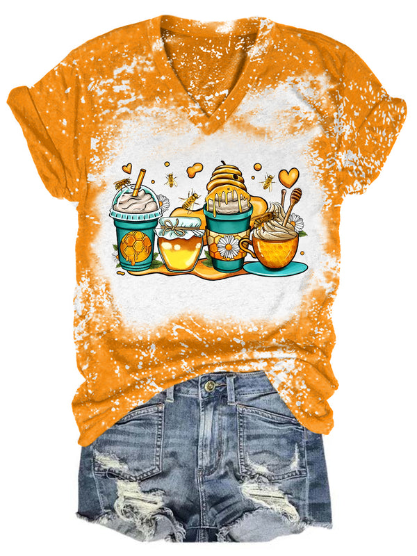 Honey Bee Coffee Cups Tie Dye V Neck T-shirt