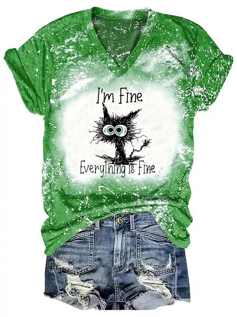 I Am Fine Everything Is Fine Cat Print Tie Shirts&Tops