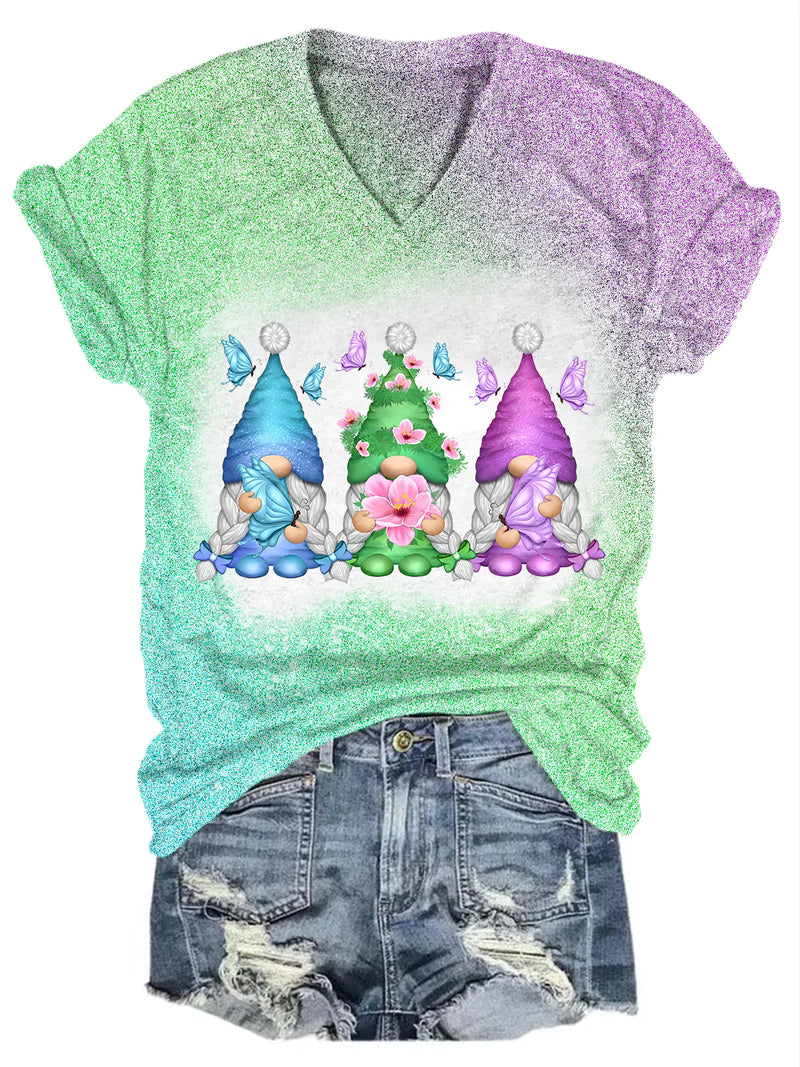 Hello Spring Gnome Gradient Glitter V Neck T-shirt